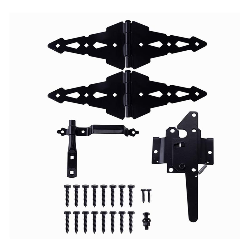 HOME MASTER HARDWARE Wood Gate Hardware Set - Heavy Duty 8" Decorative Strap Hinges and Spring Loaded Latch Kit with Screws for Outdoor Fence Swing Gate Black Finish - Image 1